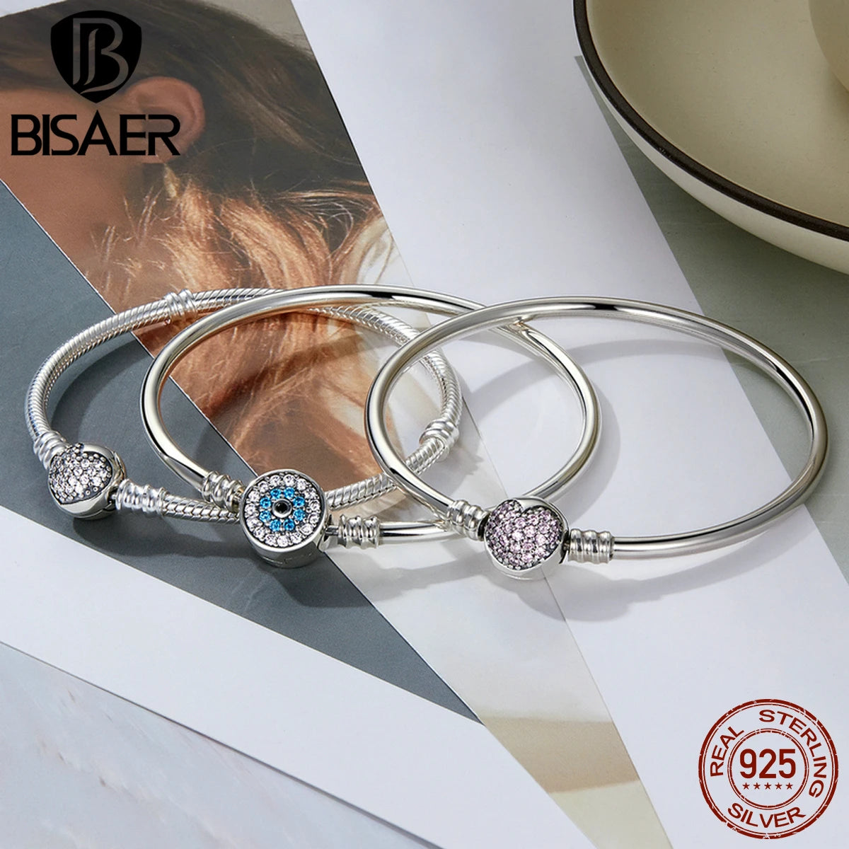 BISAER 925 Sterling Silver Demon Eye Bracelets Blue Evil Eyes Bangles Pave Setting Zircon 17-21CM for Women Party Fine Jewelry