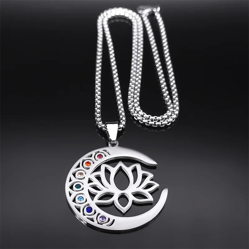 Halskette mit Anhänger Blume, Lotus, Mond für Damen und Herren, Edelstahl, silberfarben, 7 Chakra, Heilung, Gleichgewicht, Kette, Schmuck N9725S02