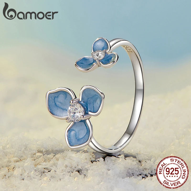 Bague ajustable en argent sterling 925 BAMOER avec fleur bleue, plaquée or blanc, jolie bague de promesse de Noël, bijoux délicats et chics