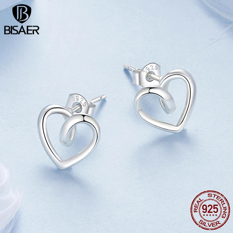 BISAER Real 925 Sterling Silver Minimalist Heart Stud Earrings Twsisted Hearts Stud Ear For Women Party Original Fine Jewelry