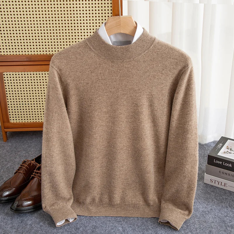 New Fashion Men's 100% Wool Pullover Half-high Collar Sweater Autumn Winter Warm Solid Color Knit Sweater Business Casual Top