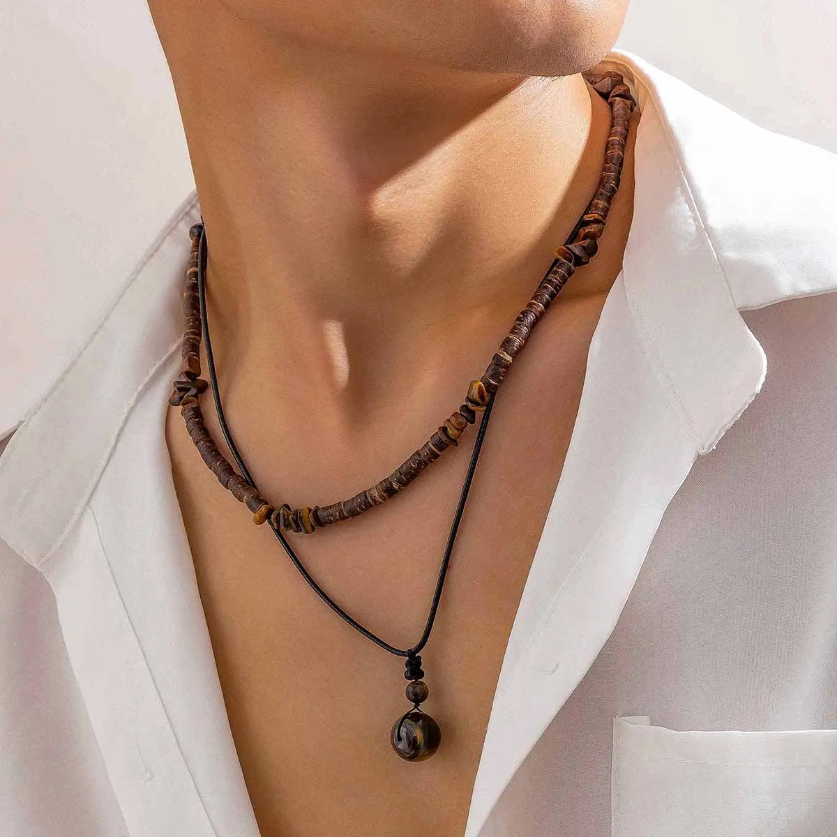 Salircon Vintage Ethnic Geometric Gravel Chain Clavicle Necklace Boho Coconut Shell Wood Bead Chain Necklace Men's Neck Jewelry