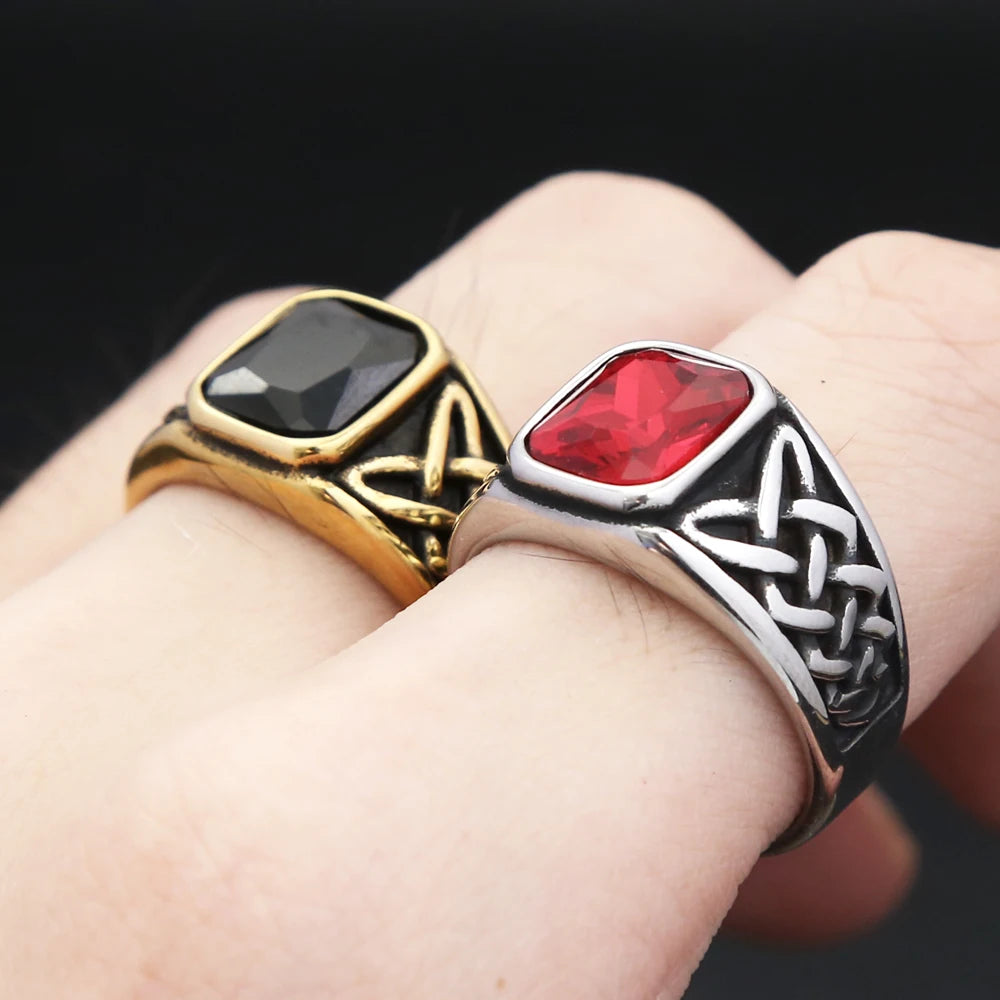 Punk Vintage Square Red Stone Signet Rings For Men Women Stainless Steel Nordic Vikings Knot Rune Ring Fashion Jewelry Wholesale