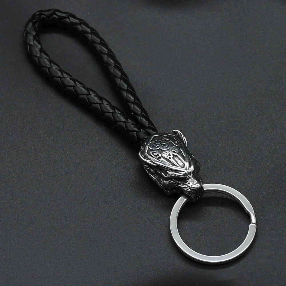 Vintage Wolf Bear Paw Head Keychains Vikings Pendant Stainless Steel wolf Keyring Handmade Male Black leather Key Ring