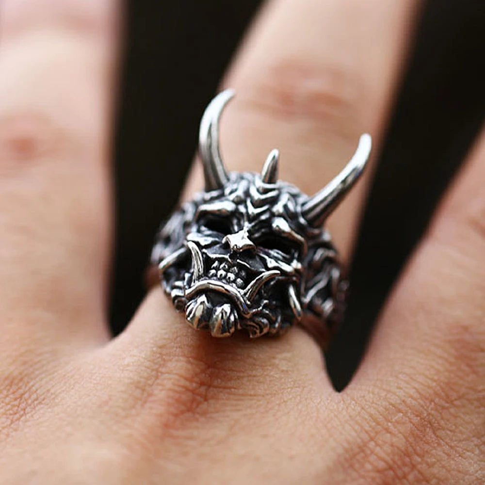 Vintage Prajna Mask Ring Men's Domineering Stainless Steel Ring Unique Gothic Locomotive Jewelry Halloween Gifts Dropshipping