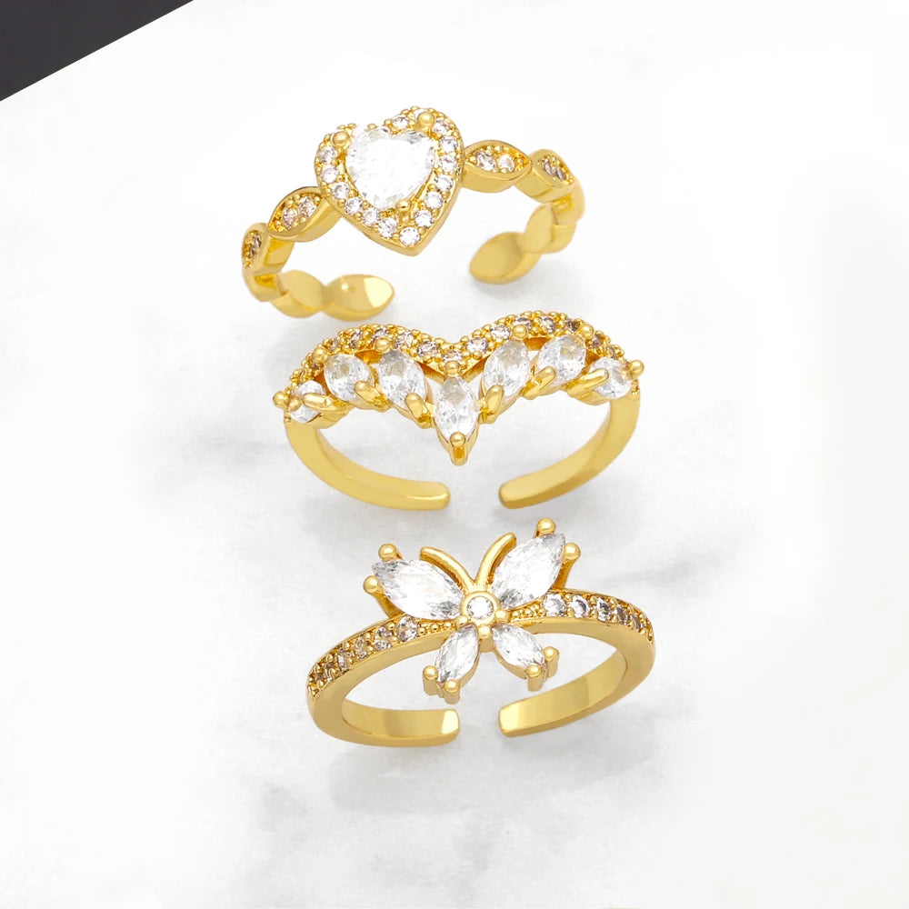 OCESRIO Trendy White Crystal Heart Rings for Women Copper Gold Plated Butterfly Adjustable Open Ring Jewelry Women Gift rigk17