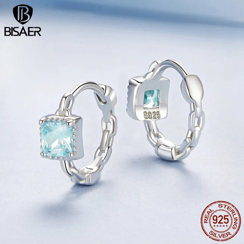 BISAER 925 Sterling Silver Aquamarine Square Hoop Earring Round Circle Stud Ear Plated White Gold For Woman Party Fine Jewelry