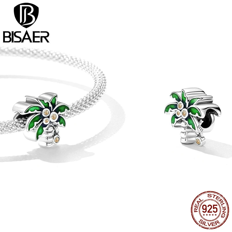 BISAER 925 Sterling Silver Charm Summer Coconut Tree Round Zircons Pendant Bead For Women DIY Bracelets Fine Jewelry EFC601