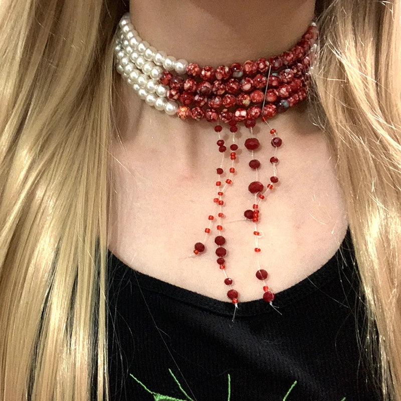 Collar de perlas de imitación de Halloween con capas de sangre, joyería gótica, gargantilla con borlas y gotas de sangre, accesorio estético grunge rock para mujer