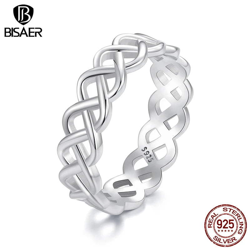 BISAER 925 Sterling Silver Hollowed Woven Ring Minimalism Finger Band Plated White Gold for Women Lover Party Fine Jewelry Gift