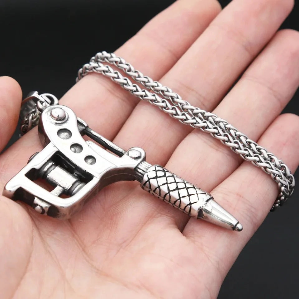 Vintage Stainless Steel Tattoo Machine Tool Pendant Necklace For Men Women Punk Hip Hop Tattoo Artist Gifts Jewelry Accessories