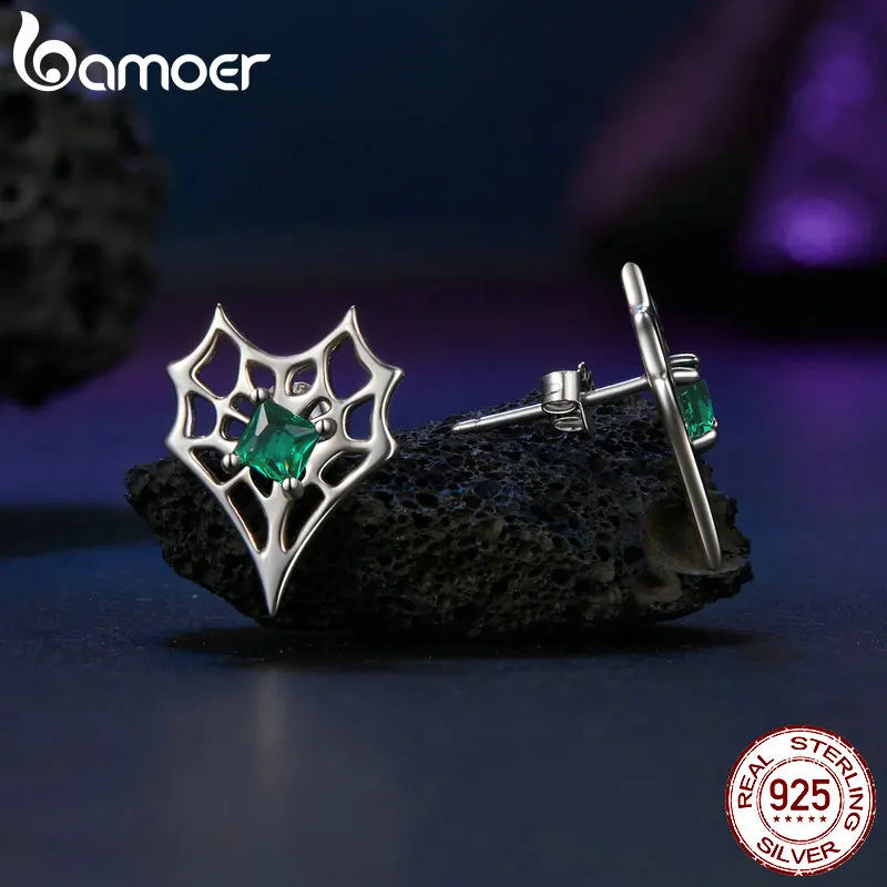 BAMOER Solid 925 Sterling Silver Halloween Spider Web Earrings for Women Hypoallergenic Stud Earrings Birthday Jewelry Gift