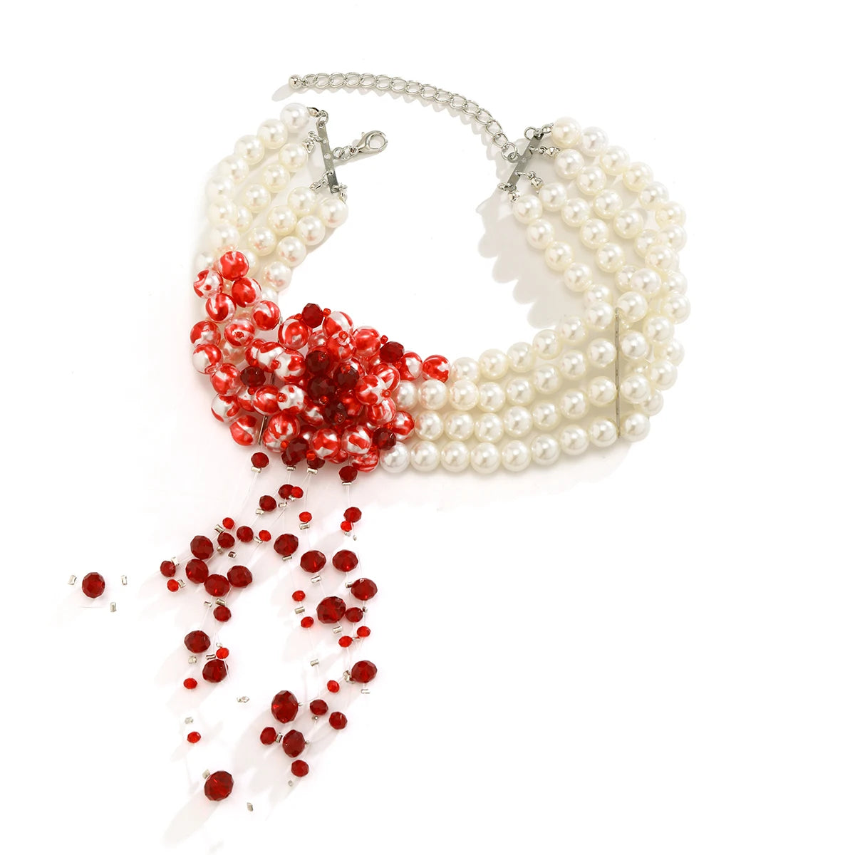 Goth Vintage Red Blood Pattern Imitation Pearl Chain Necklace for Women Wed Bridal Long Tassel Beads Pendant Halloween Jewelry