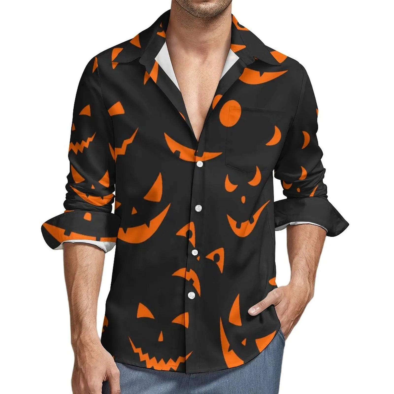 Happy Haunts Casual Shirts Halloween Katze Geist Retro Shirt Frühling Y2K Lustige Oversize Bluse Männer Langarm Grafik Kleidung Geschenk