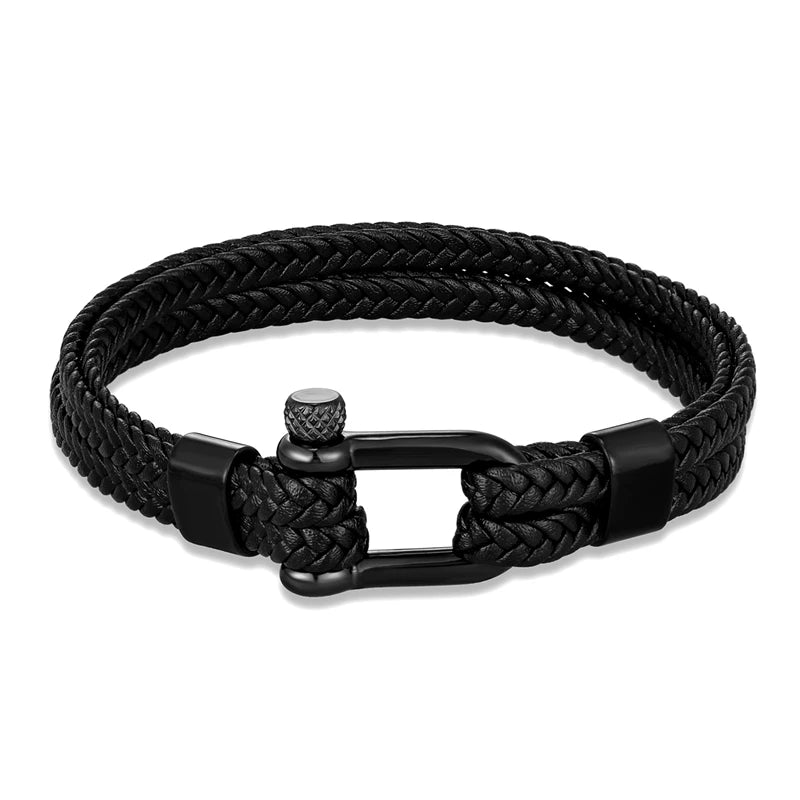 MKENDN Men Women Black Stainless Steel U-Shape Shackle Woven Multilayer Leather Bracelet Outdoor Adventure Climbing Surf Gifts