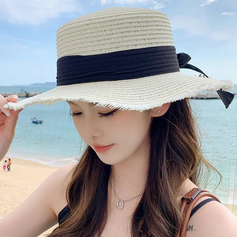 Bow Ribbon Straw Cover Cap Women Wide Brim Soft Top Sun Protection Hat Summer Sunshade Visors Female Vacation Beach Accessories