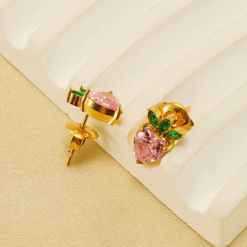 INS Summer 18K Gold Color Stainless Steel Pink Cubic Zirconia Fruit Stud Earrings Waterproof Cute Post Earring Jewelry Gift