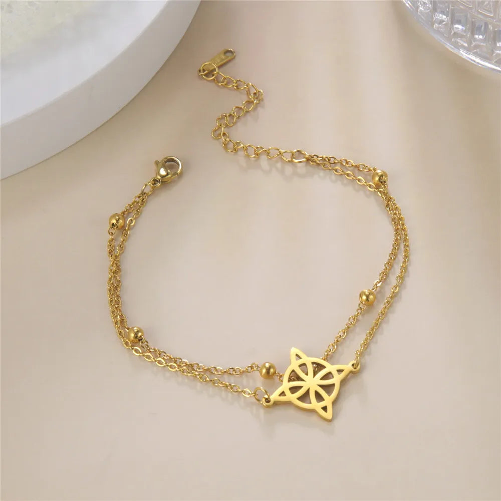 Skyrim Witch Knot Anklet Women Stainless Steel Double Layer Beads Chain Ankle Bracelet Witchcraft Jewelry Summer Accessories