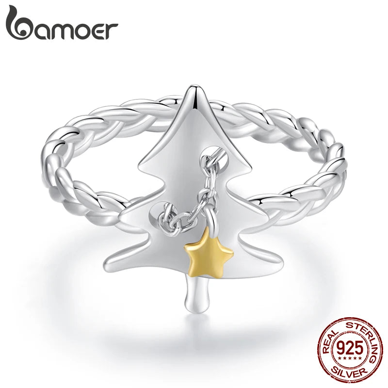 Bague ajustable en argent sterling 925 massif BAMOER en forme d'arbre de Noël, joli bijou de Noël, cadeau d'anniversaire pour femme SCR1081-E