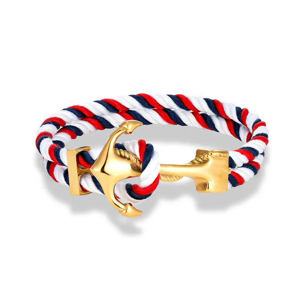 Charm Men Gold Plated Anchor Bracelets Double Strand Nautical Rope Bracelet For Women Stainless Steel Surfer Sport Accessories