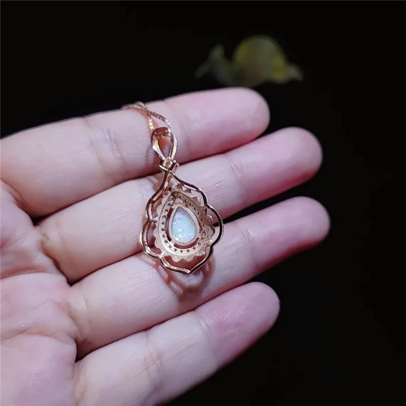 Fashion Big Water Drop White Opal Pendant Necklace For Women Luxury Rose Gold Color Crystal Flower Necklace Jewelry DropShipping