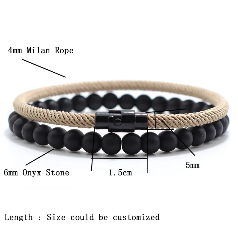 Economic 2Pcs Matching Bracelet Set Unisex 6mm Onyx Stone Braclet 4mm Cord Chain Braslet Paired Couple Brazalete Pulseira Joias