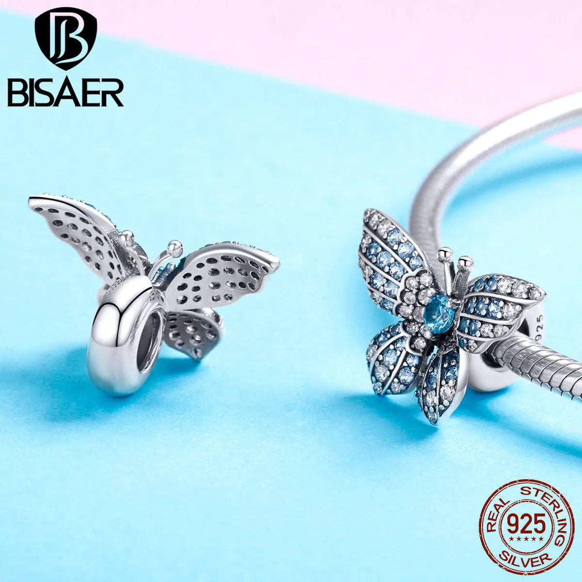 BISAER 925 Sterling Silver Zircon Gradient Charm Bead Lucky Poker Flower Heart-shaped Key Ring Pendant For Original DIY Bracelet