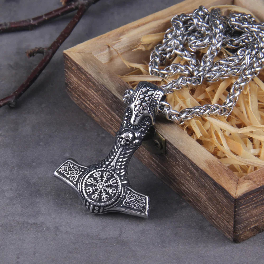 Fashion Valknut Viking Thor's Hammer Pendant Necklace With keel Chain As Men Gift with wooden box