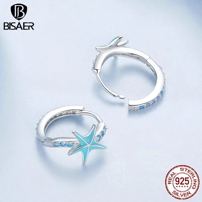 BISAER 925 Sterling Silver Starfish Ear Buckles Blue Zircon Hoop Earrings Platinum Plated for Women Beach Party Fine Jewelry