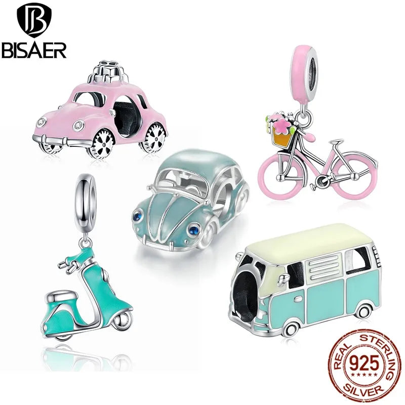 BISAER 925 Sterling Silver Car Charms Beads Bus Electrocar Bicycle Enamel Pendant Fit Woman DIY Bracelet Necklace Fine Jewelry