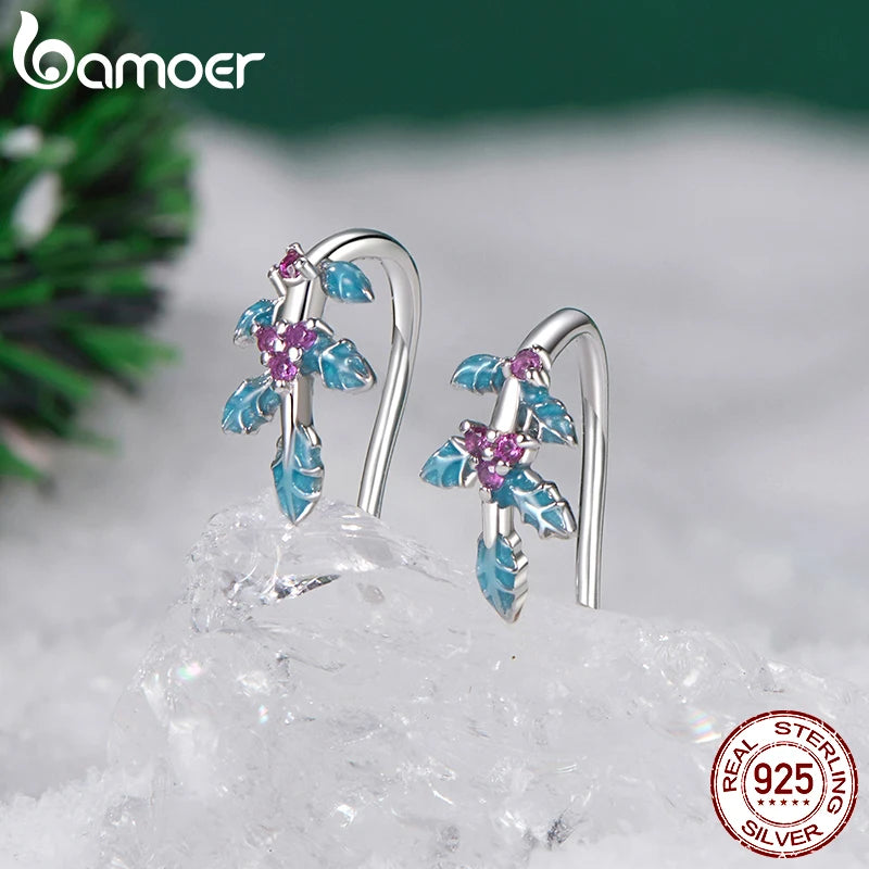 BAMOER 925 Sterling Silver Christmas Holly Stud Earrings for Women Girls Hypoallergenic Huggies Christmas Gift BSE1096