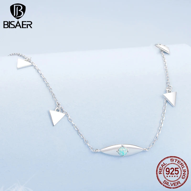 BISAER 925 Sterling Silver Demon Eye Pendant Necklace Bule Opal Adjustable Chain Plated White Gold for Woman Fine Jewelry