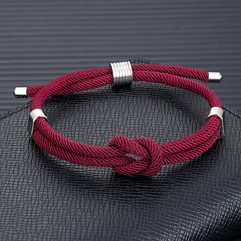 MKENDN Fashion Couple Adjustable Thread Rope Bracelet Stainless Steel Minimalist Mens Women Red Concentric knot Lover Jewelry