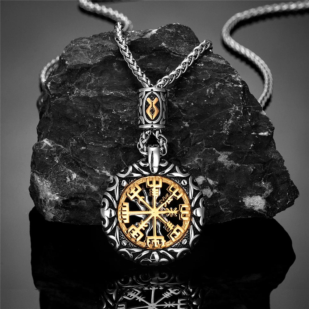 Vintage Vikings Compass Trident Necklaces Men Stainless Steel Norse Rune Hollow Out Sun Pendant Amulet Scandinavian Jewelry Gift