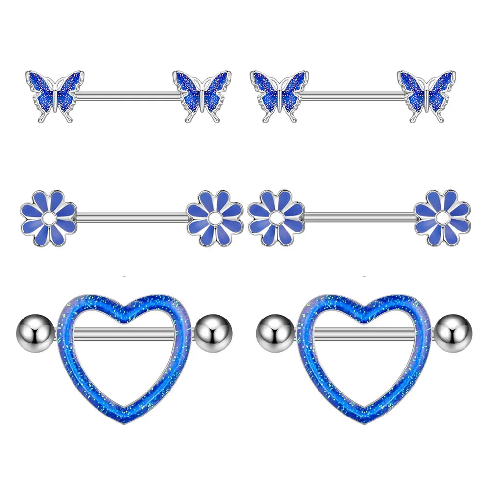 Mixed-style Nipple Ring Sets 3 Pairs Flower Heart Butterfly Nipple Piercing Lot Stainless Steel Cute Cat Bear Shield Bar Jewelry