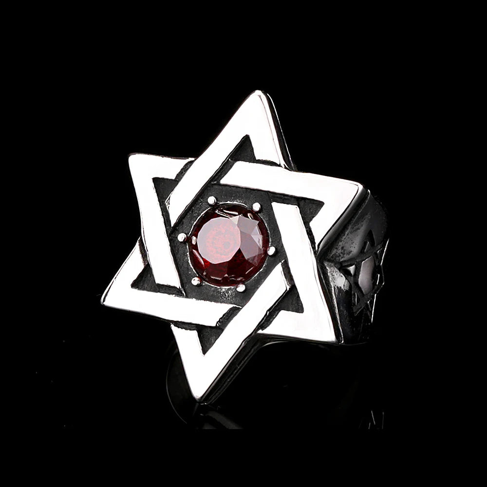 Vintage Fashion Star of David Ring 316L Stainless Steel Red Stone Rings For Men Women Punk Hip Hop Party Jewelry Gifts Wholesale