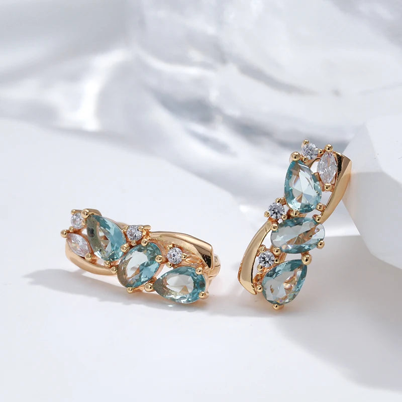 New 585 Rose Gold Drop Earrings for Women Delicate Cut Dazzling Blue Natural Zircon Bridal Wedding Jewelry Accessories