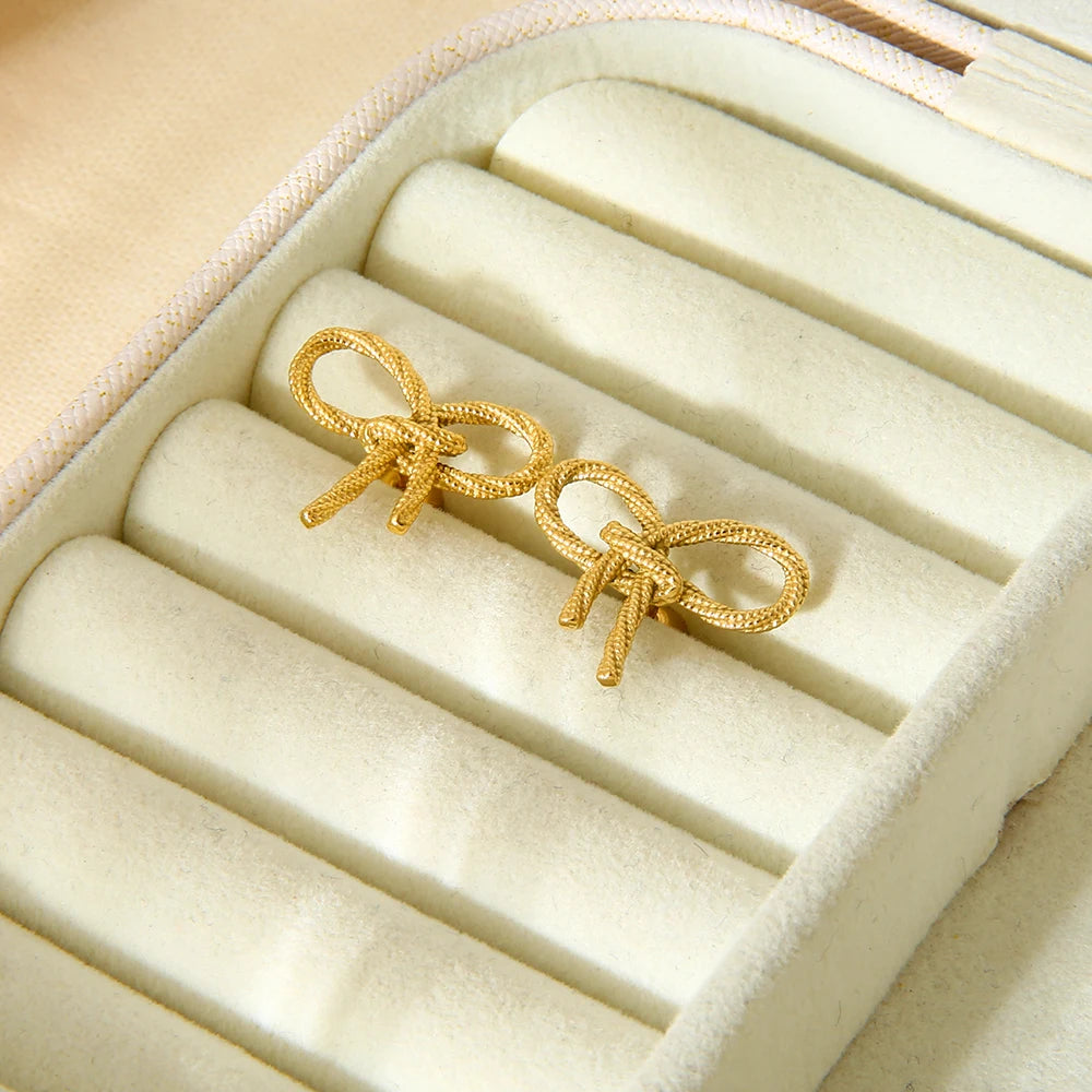 New Trend Stainless Steel 16K Gold Plated Bow Studs Texture Bowknot Dainty Earring Waterproof Women Jewelry Party Gift