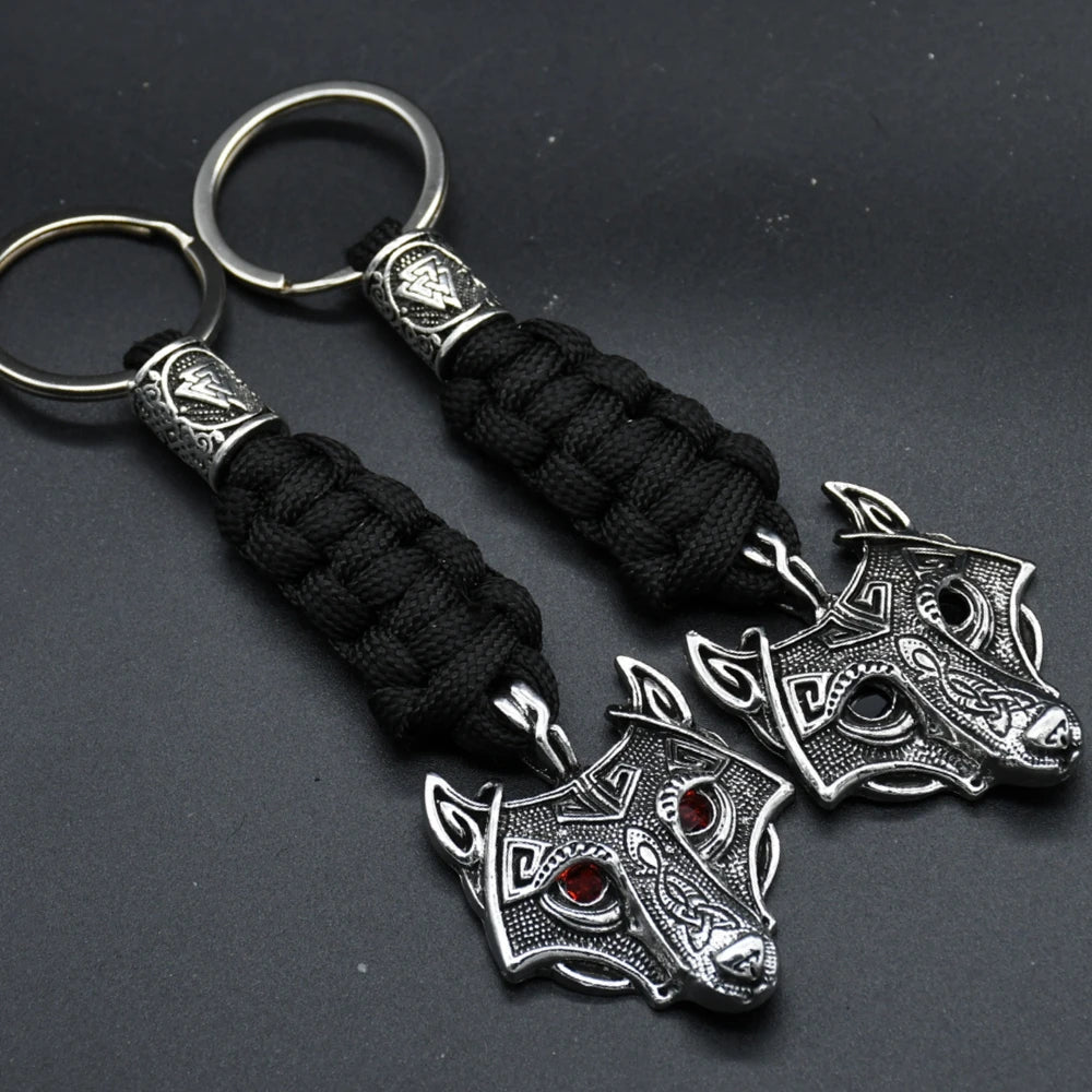 Nordische Mythologie Wolfskopf-Schlüsselanhänger Herren Retro handgefertigt Überlebensseil Lanyard Anhänger Schlüsselanhänger Wikinger Runen Vegvisir Schmuck