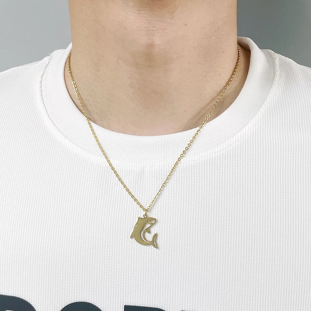 Gold Color Shark Pendant Necklace Hip Hop Punk Jewelry For Men Fashion Stainless Steel Neck Chain Party Accessories Gifts