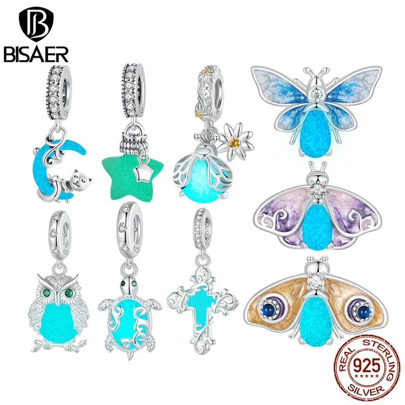 BISAER 100% 925 Sterling Forever Luminous Star Wishing Bottle Charm Bead Moon Cat Colgante apto para mujeres DIY Pulsera Joyería fina