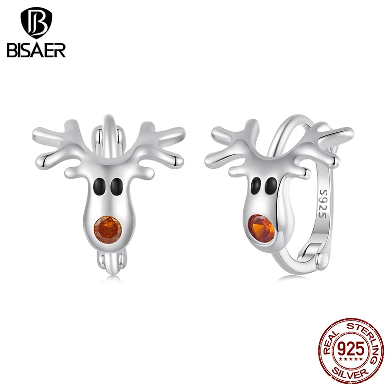 BISAER 925 Sterling Silver Reindeer Hoop Earrings Enamel Process Stud Earrings Plated White Gold for Women Party Fine Jewelry