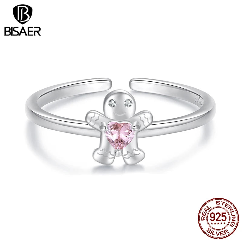 BISAER 925 Sterling Silver Gingerbread Man Open Ring Adjustable Size 5-9 Band Plated White Gold for Women Party Fine Jewelry