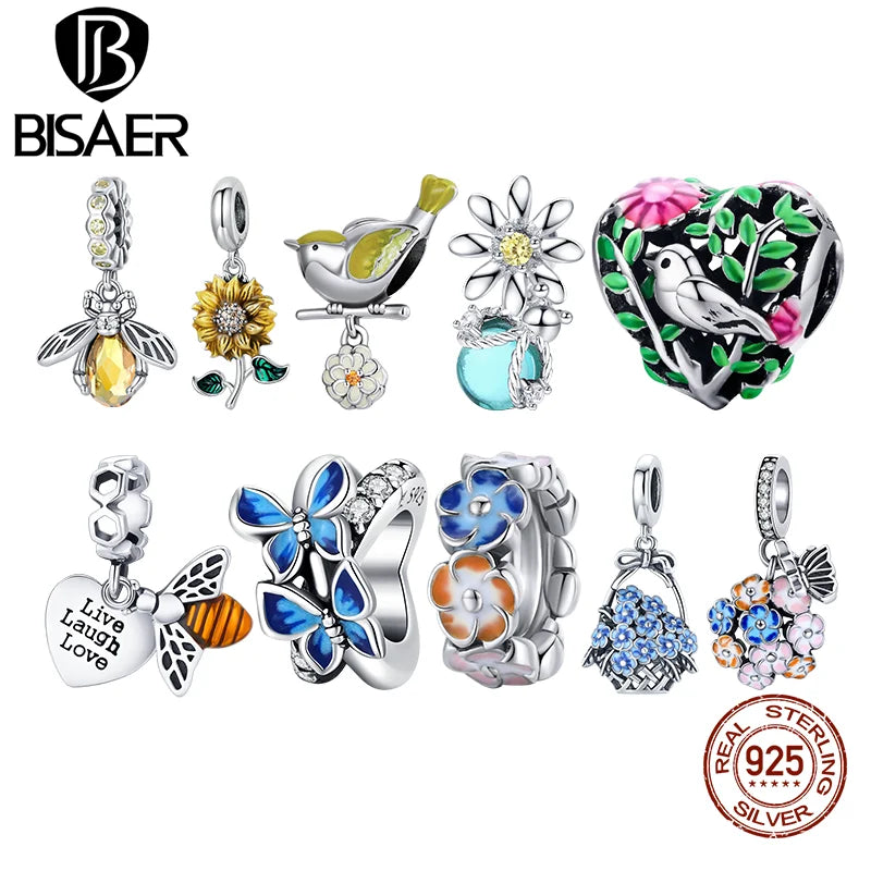 BISAER 925 Sterling Silver Flower Bird Series Charm Bee Bead Sunflower Garden Pendant For Women Bracelets DIY Fine Jewelry Gift