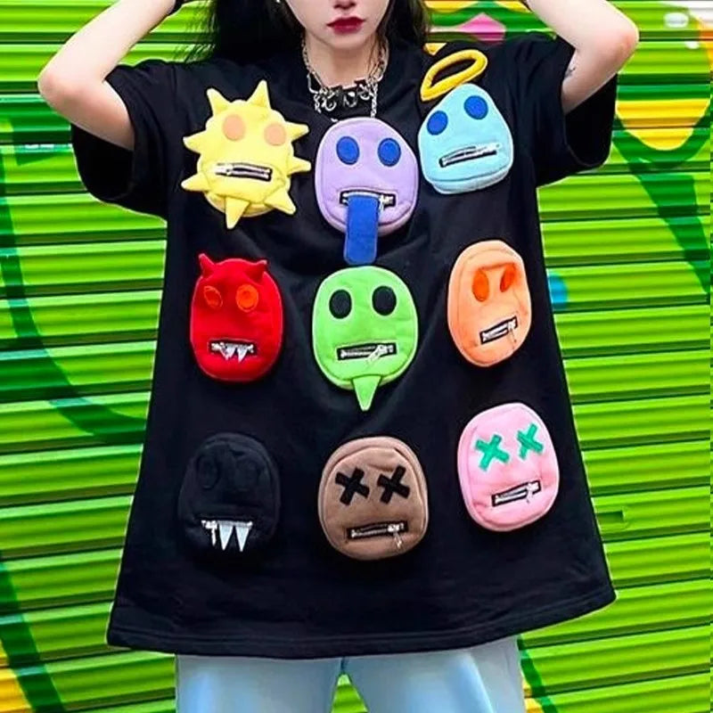 Camiseta de retazos con múltiples bolsillos para hombre y mujer, divertida camiseta de verano de manga corta, ropa de moda de TikTok para Halloween y truco o trato