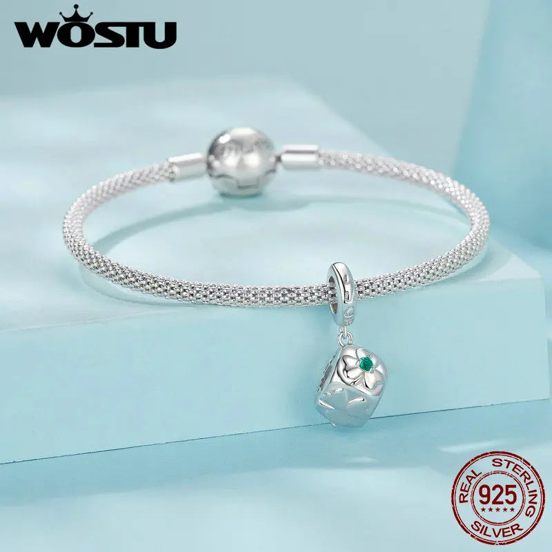 WOSTU Real 925 Sterling Silver Four-leaf Clover Dice Pendant DIY Necklace Chain With Zircon For Women Original Fine Jewelry Gift