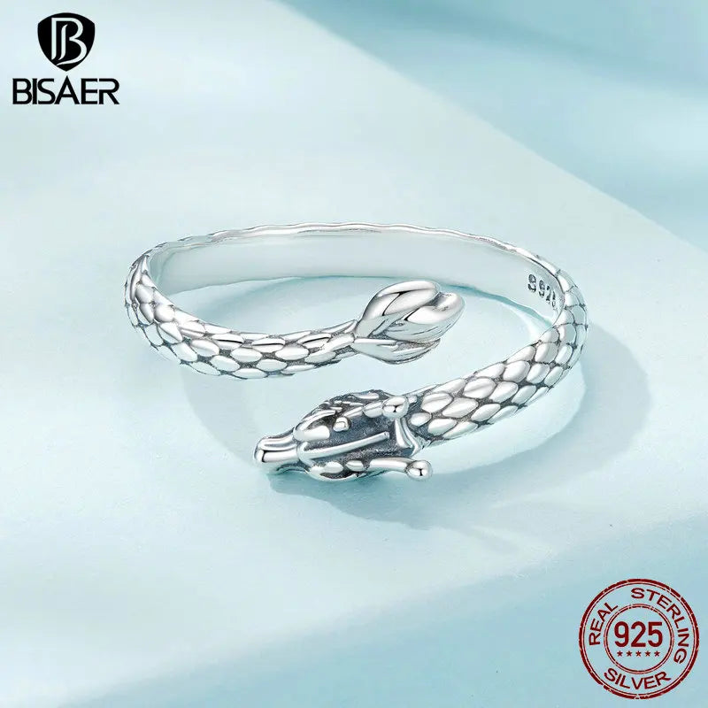 BISAER 925 Sterling Silver Vintage Dragon Coiled Open Adjustable Ring Animal Band for Women 2024 Chinese Zodiac Fine Jewelry