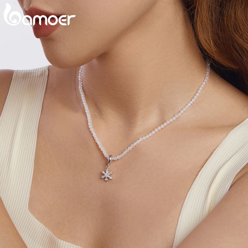 BAMOER Collier avec pendentif flocon de neige en argent sterling 925 véritable pour femme, joli collier de fleurs de glace, bijou de Noël