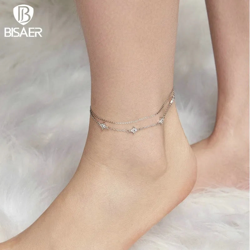 BISAER 925 Sterling Silver Four-Leaf Clover Anklet Simple Shiny Zircon Anklets Plated White Gold For Women Holiday Fine jewelry