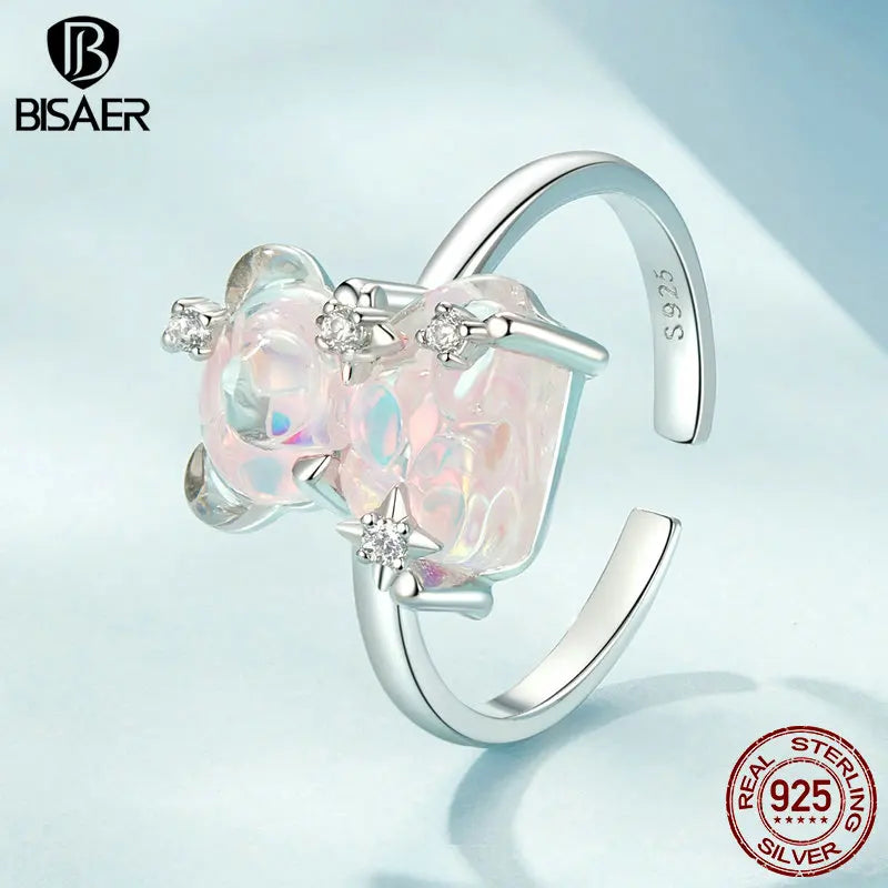 BISAER 925 Sterling Silver Dreamy Bear Open Ring Pink Bear Hoop Earrings Plated White Gold for Women Party Fine Jewelry Set Gift